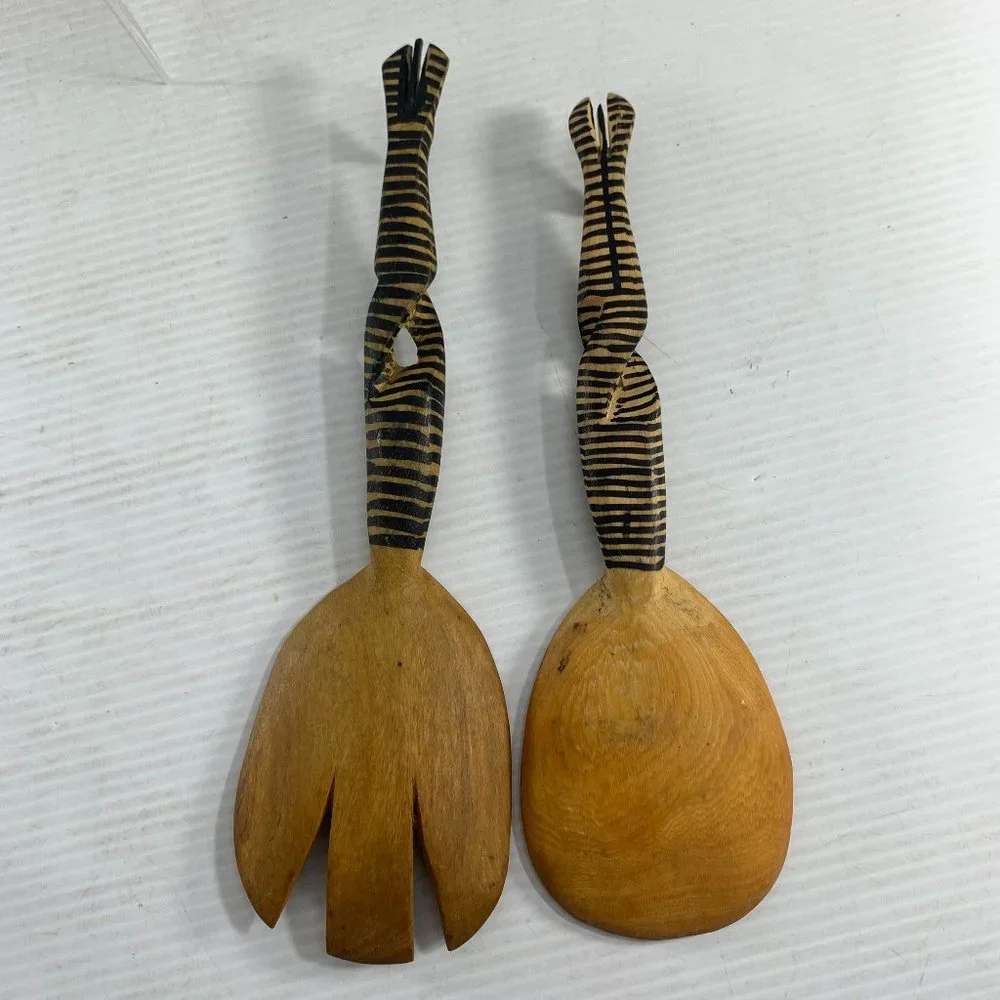 Wooden Hand Carved Kenya Zebra Salad Servers Tongs Spoon Fork African Art Wood